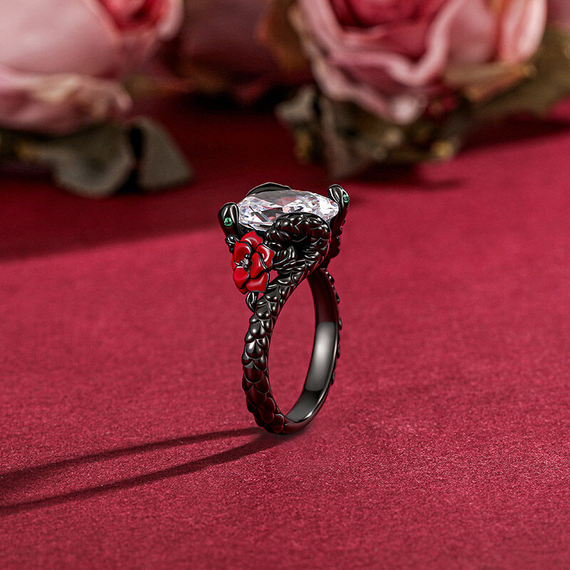 Jeulia Anillo Serpiente Espina Negra Rosa Gótico de Plata de Ley