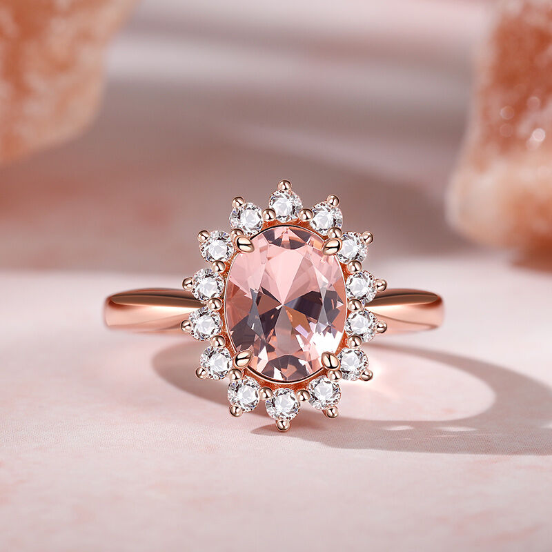 Jeulia Halo Oval Cut Synthetic Morganite Sterling Silver Ring