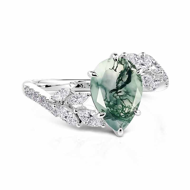 Jeulia Olivetta Bypass Moss Agate Engagement Ring Pear Cut