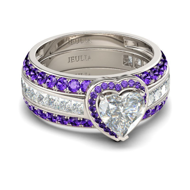 Jeulia 3PC Halo Heart Cut Sterling Silver Ring Set
