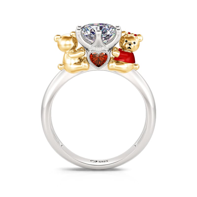 Jeulia Hug Me "Fall in Love" Bear Couple Round Cut Sterling Silver Ring