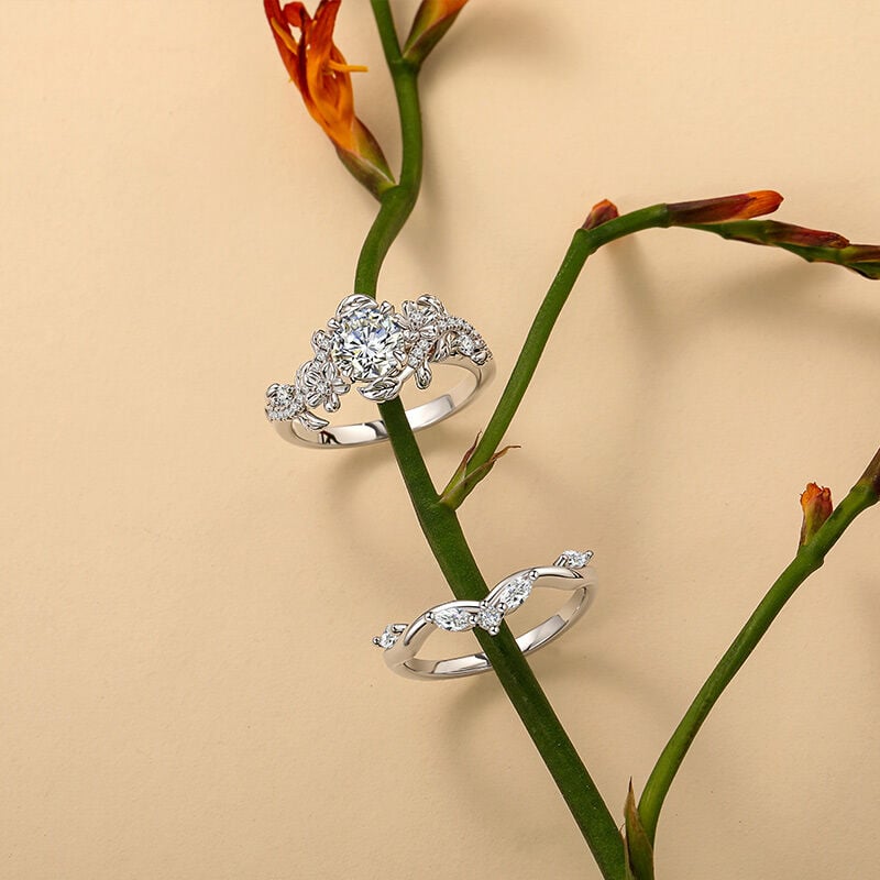 Jeulia Vine Flower Leaf Round Cut Bridal Ring Set 2PCS