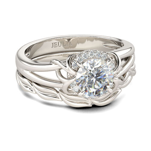 Jeulia Leaf Design Halo Round Cut Sterling Silver Ring Set