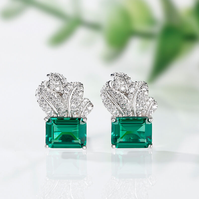 Jeulia Leaf Design Emerald Cut Sterling Silver Earrings