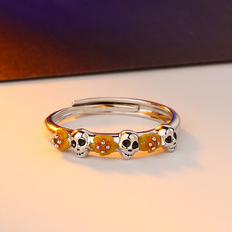 Jeulia Floral Design Adjustable Sterling Silver Skull Ring