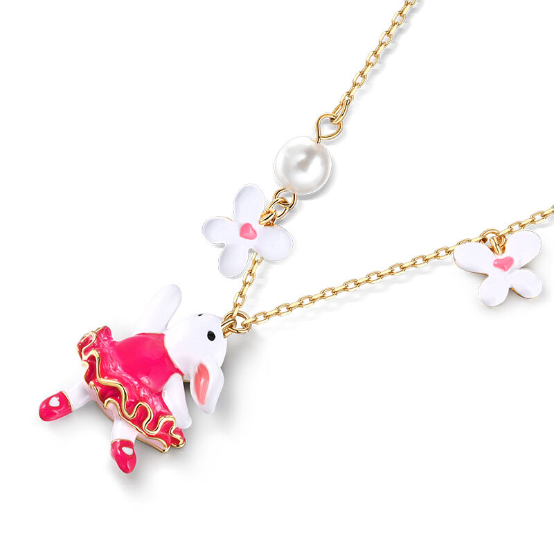 Jeulia "Enchanted Rabbit" Bunny with Flower Enamel Sterling Silver Necklace