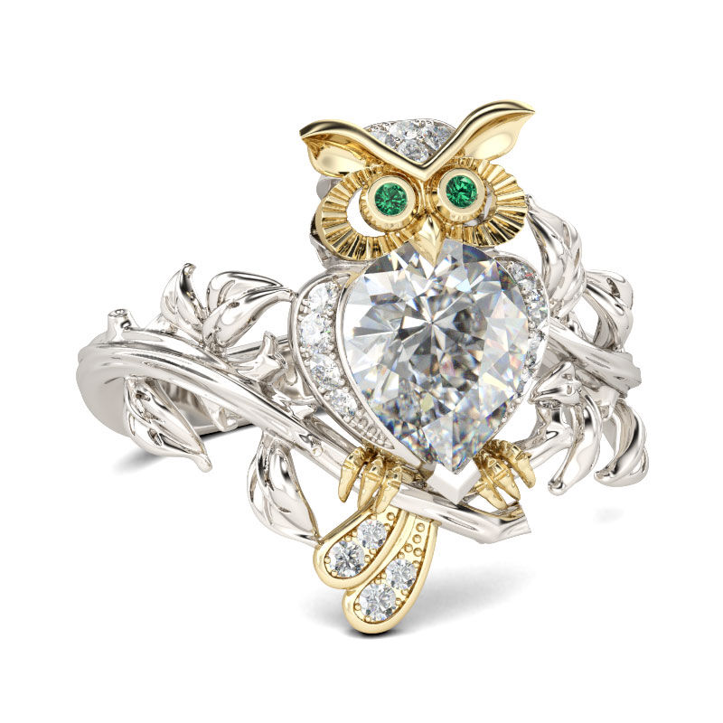 Jeulia Two Tone Pear Cut Sterling Silver Owl Ring