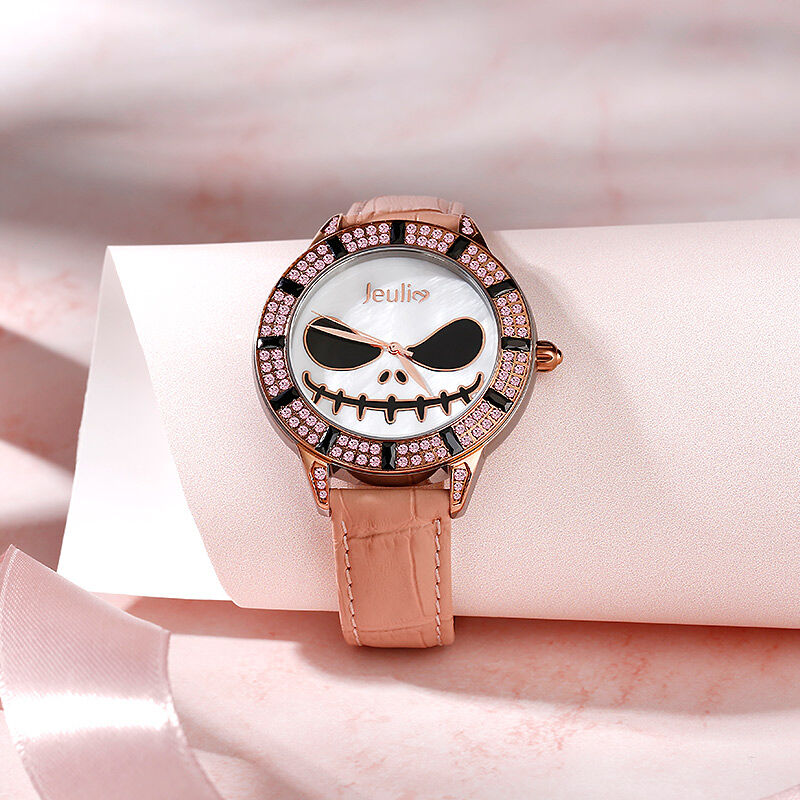 Jeulia "Magic at Midnight" Skull Design Quartz Pink Leather Watch with Mother-of-Pearl Dial