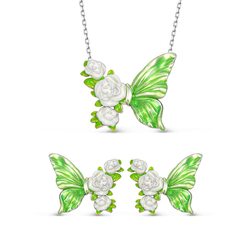Jeulia "Poetic Spring" Butterfly & Flower Enamel Sterling Silver Jewelry Set