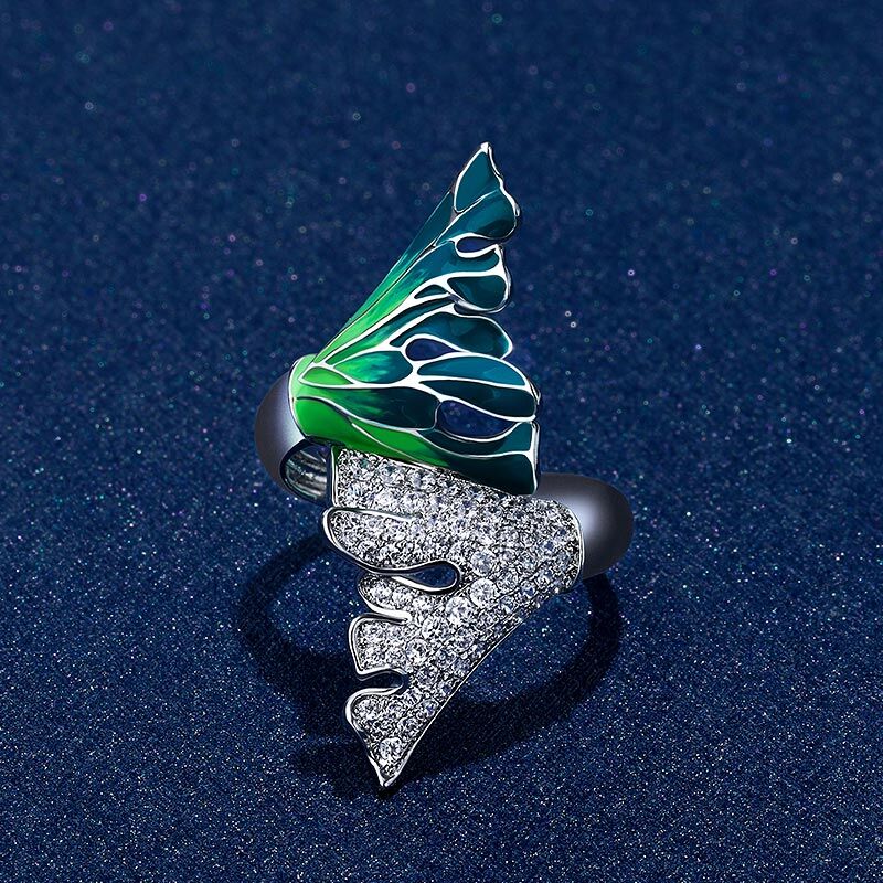 Jeulia "Enduring Beauty" Two Big Leaf Enamel Sterling Silver Ring