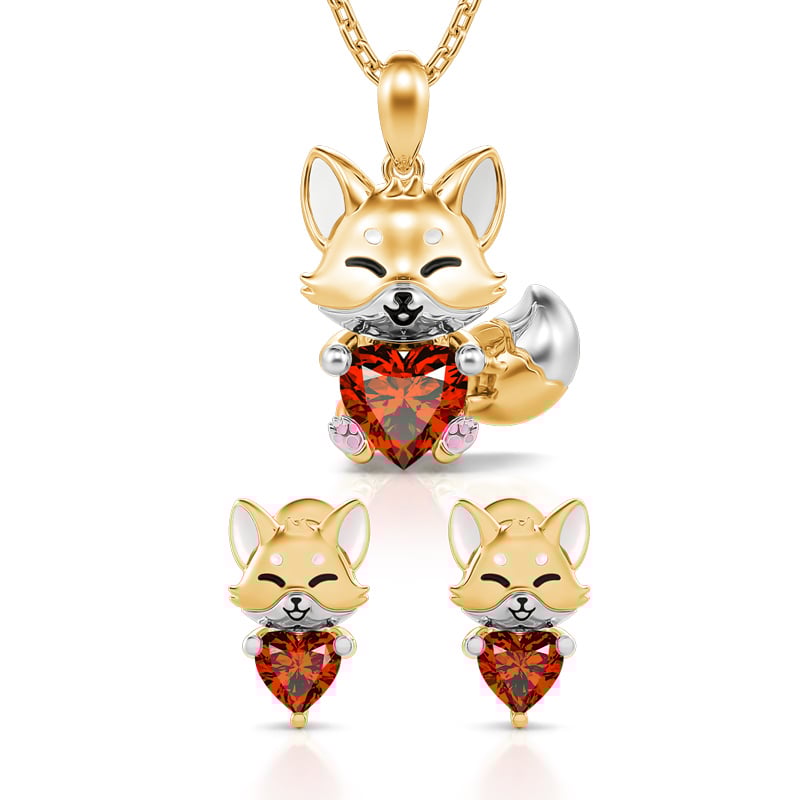 Jeulia Hug Me "Baby Fox" Heart Cut Sterling Silver Jewelry Set