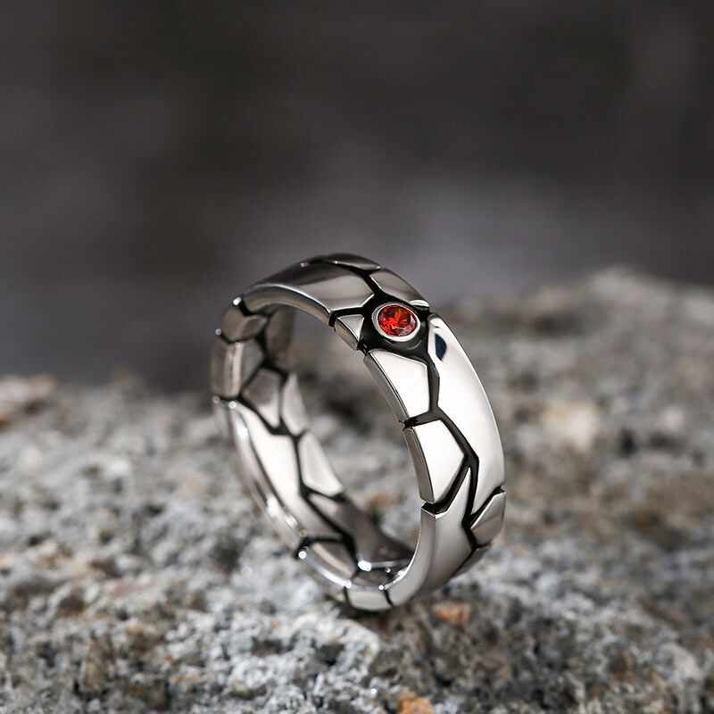 Jeulia Cracked Design Red Stone Sterling Silver Men's Band