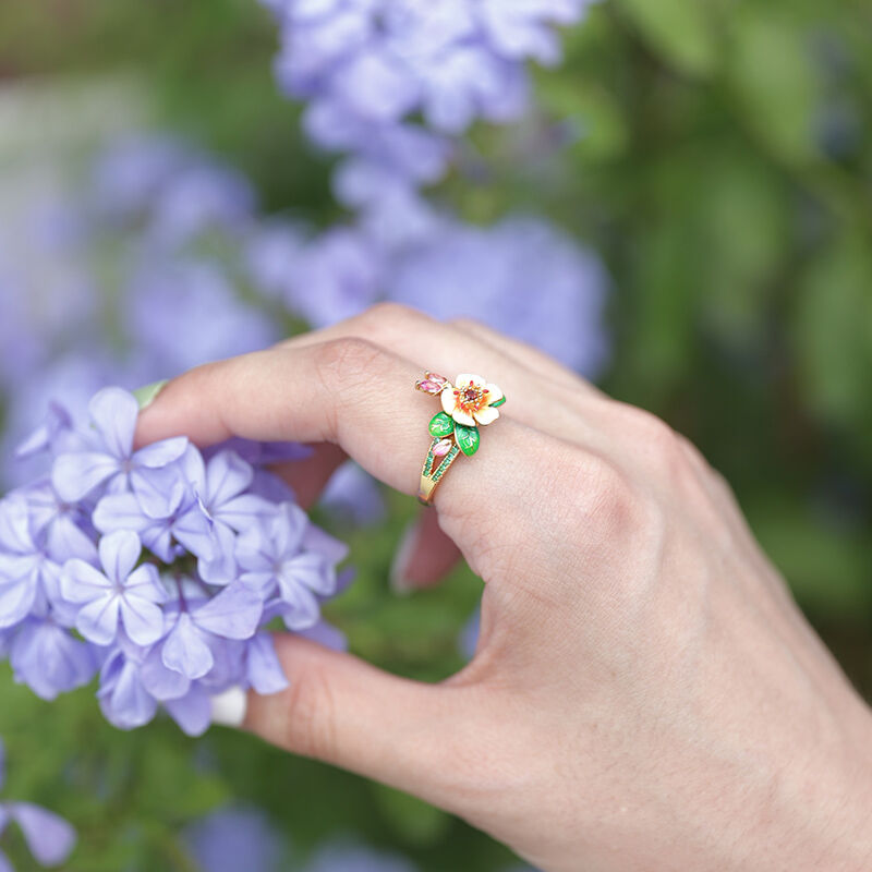 Jeulia Anillo compromiso de plata de ley de esmalte flor de pera con hoja