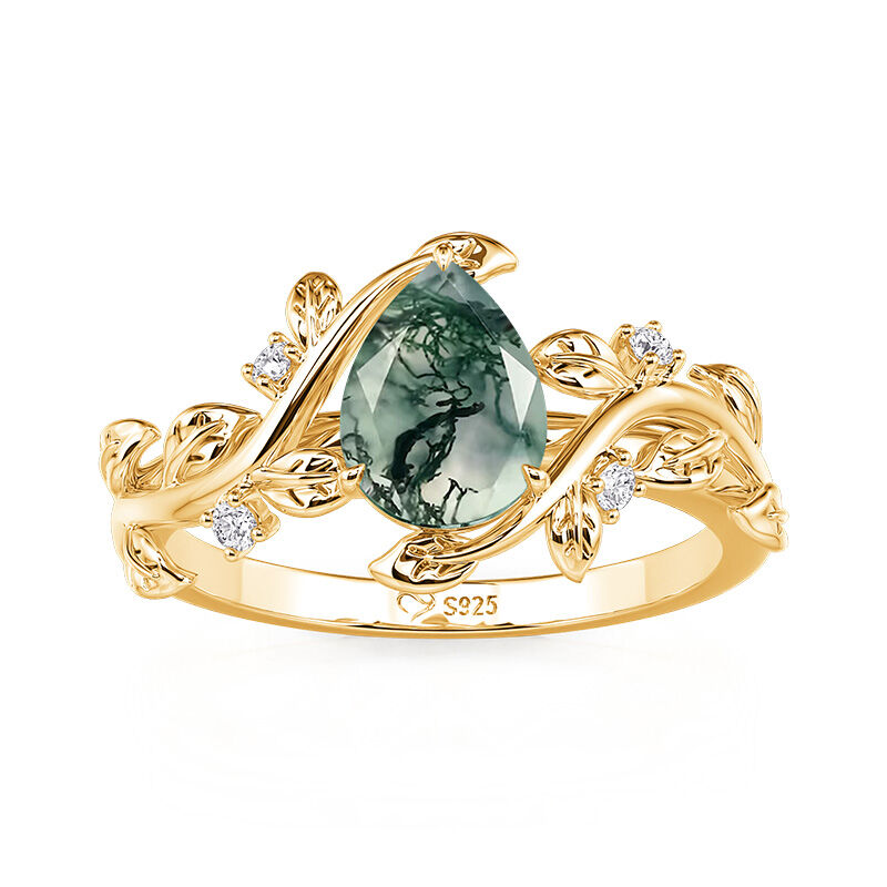 Jeulia Anillo de Compromiso Cruzado Dorado Corte Pera de Ágata Musgo con Hoja de Vid