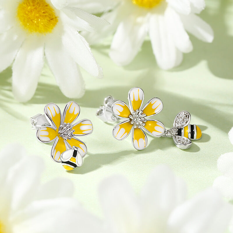 Jeulia "Honey Bee" Flower Enamel Sterling Silver Mismatched Earrings