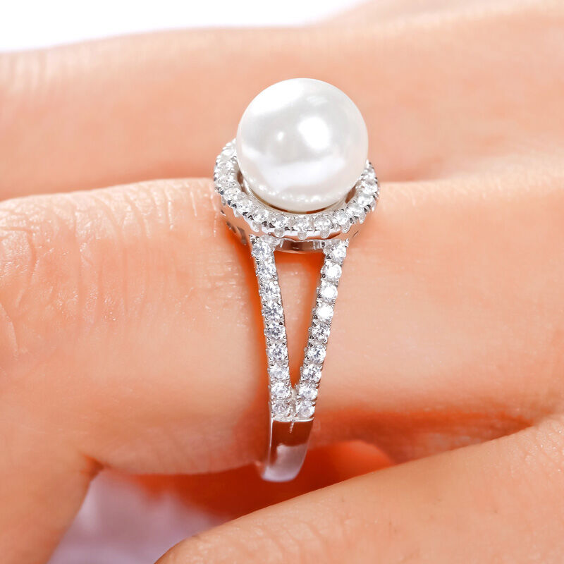 Jeulia Halo Split Shank Faux Pearl Sterling Silver Ring