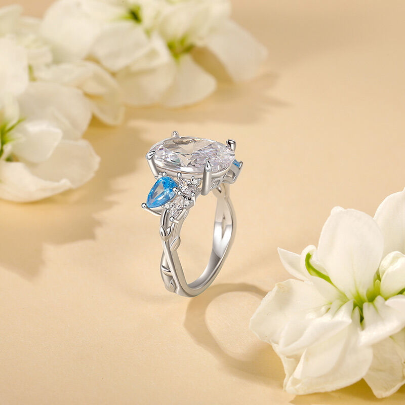 Jeulia Anello di Fidanzamento con Taglio Ovale e Foglia Naturale in Argento Sterling