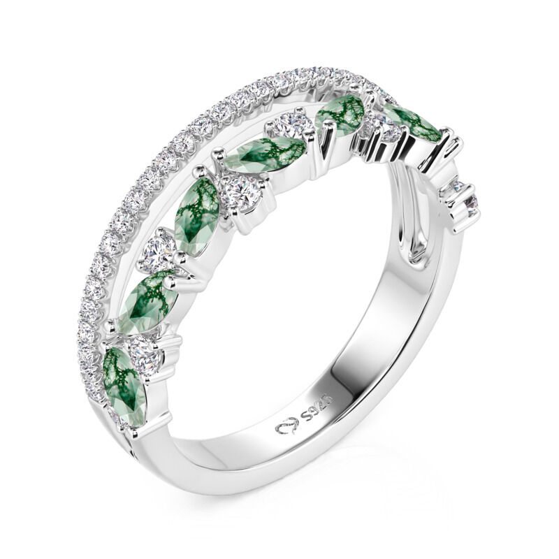 Jeulia Bague Double Rangée en Agate Mousse Coupe Marquise pour Femmes