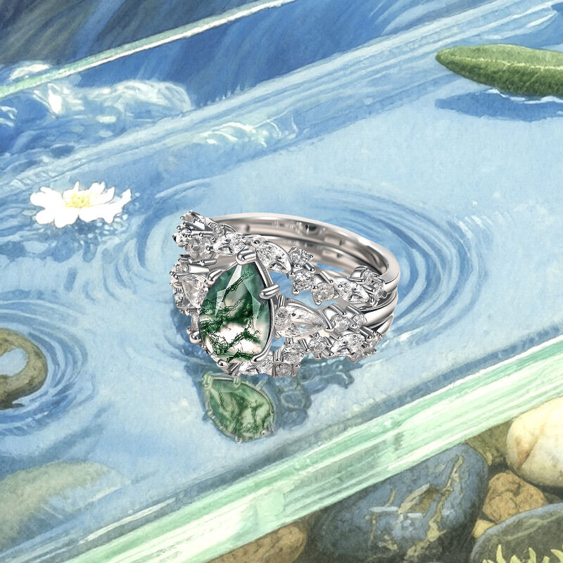 Jeulia Olivetta Juego de Anillos Corte Pera de Ágata Musgo