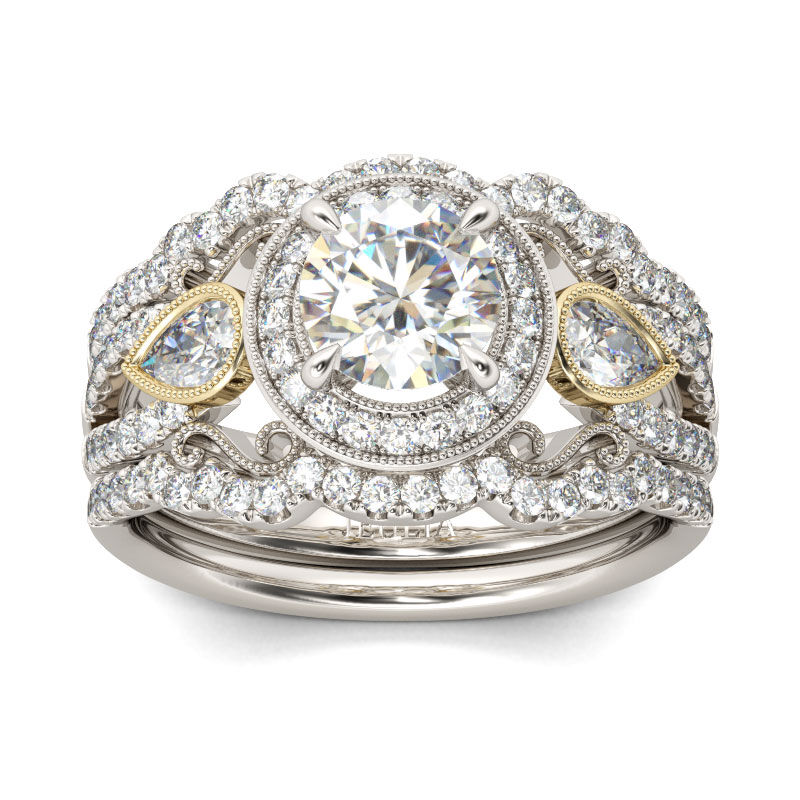 Jeulia Terno De Anillos Con Halo Milgrain De Talla Redonda En Plata De Ley
