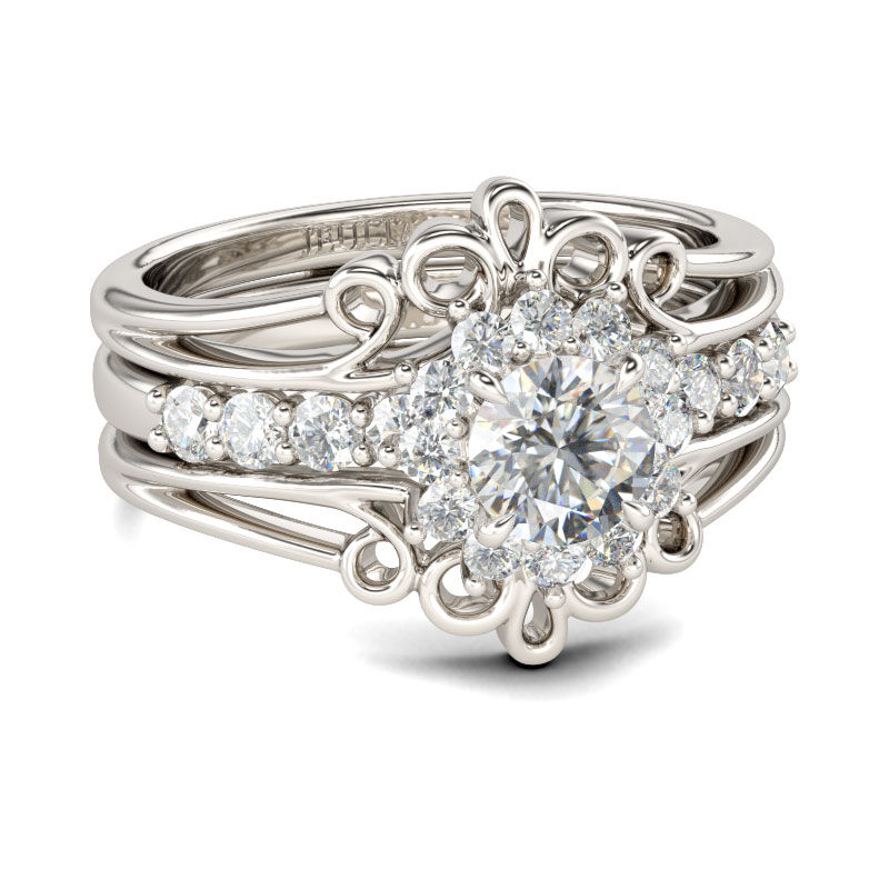 Jeulia Conjunto De Anillos Florales Intercambiables Con Halo De Talla Redonda En Plata De Ley