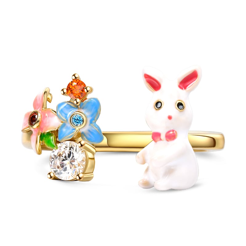Jeulia "Nature's Favor" Rabbit Flower Enamel Sterling Silver Ring