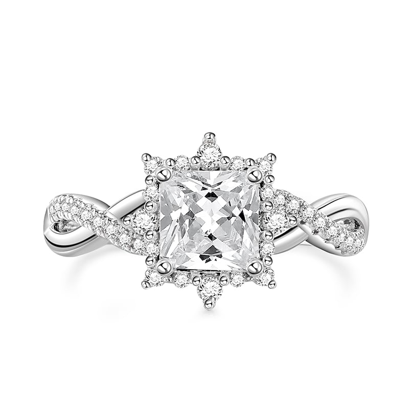 Jeulia Halo Twist Design Princess Cut Sterling Silver Engagement Ring
