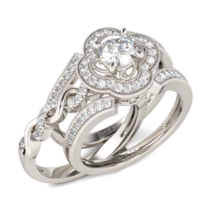 Jeulia Conjunto De Anillos Intercambiables Torcidos Con Halo De Talla Redonda En Plata De Ley
