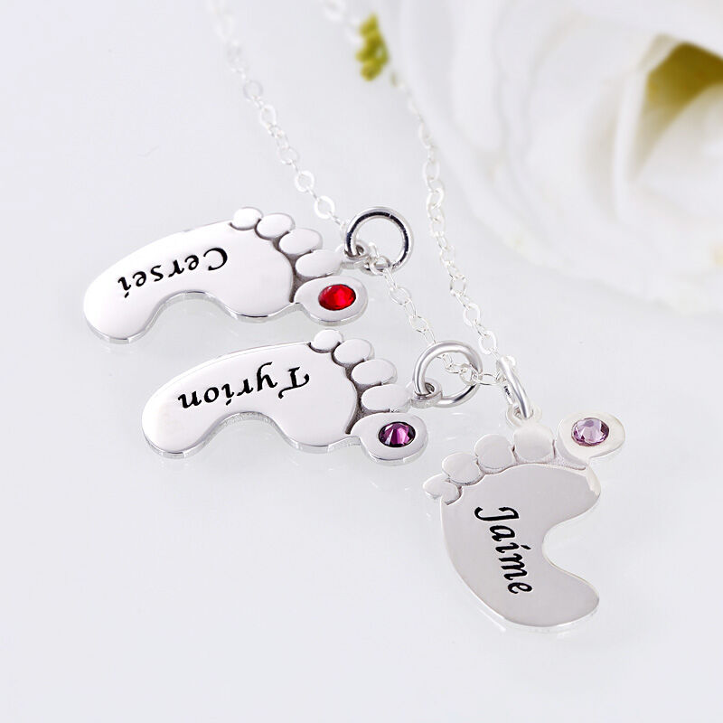 Jeulia Engraved Baby Feet Family Necklace with Birthstones Sterling Silver