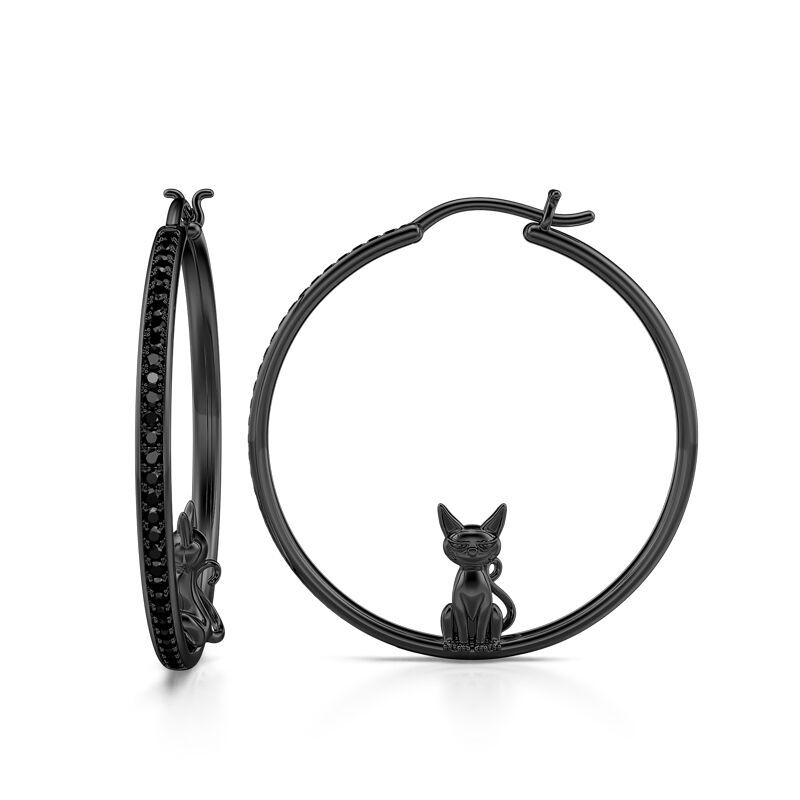 Jeulia "Death Witness" Black Cat Sterling Silver Hoop Earrings