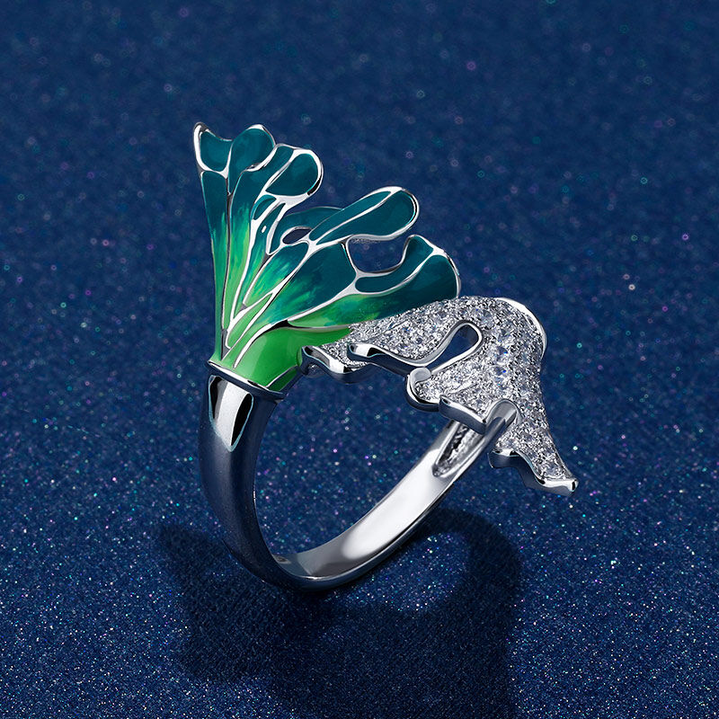 Jeulia "Enduring Beauty" Two Big Leaf Enamel Sterling Silver Ring