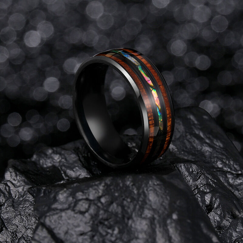 Jeulia Anillo Hombre Negro Simple de Madera Koa Acero Titanio
