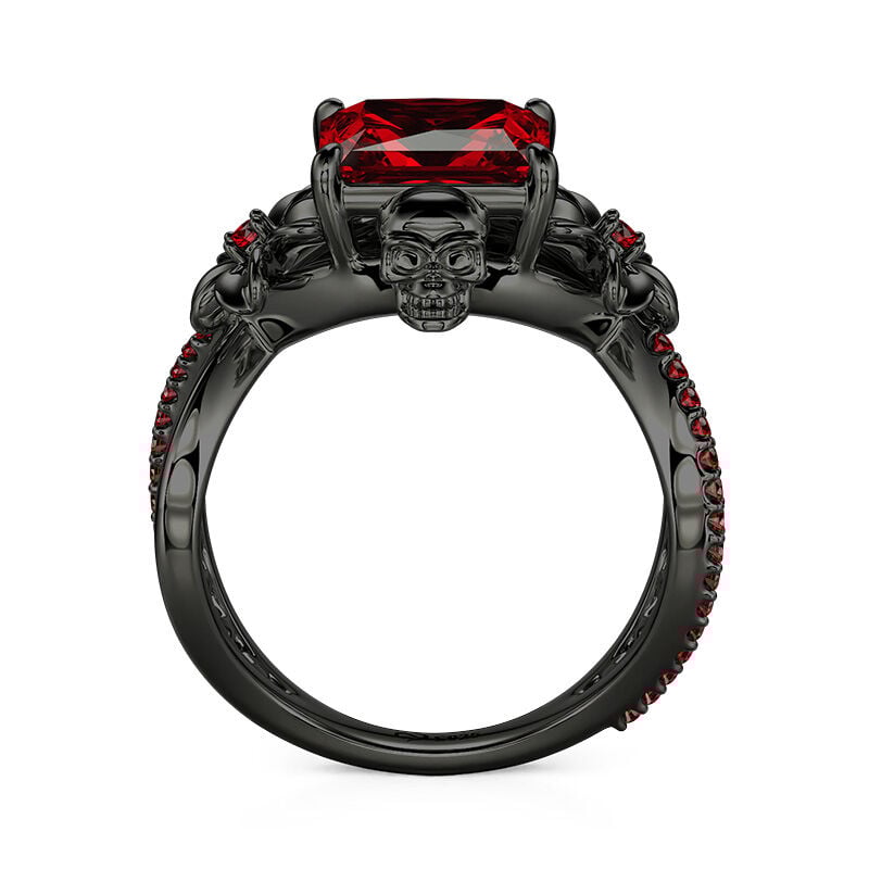 Jeulia Floral Radiant Ruby Gothic Black Skull Ring Hollow Shank