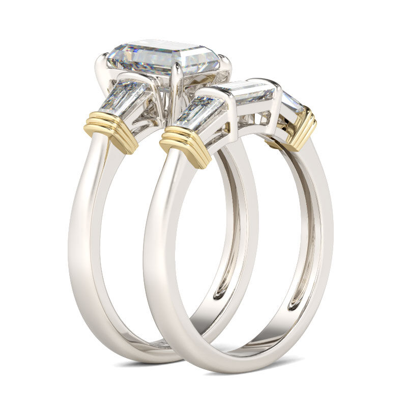 Jeulia Three Stone Emerald Cut Sterling Silver Ring Set
