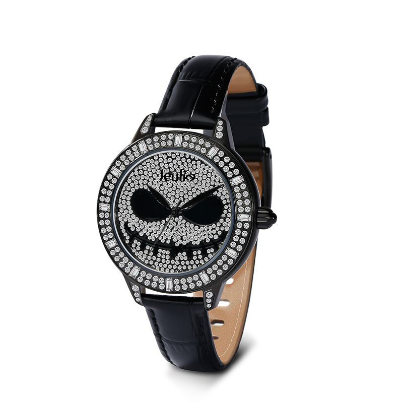 جوليا ساعة يد جمجمة كوارتز جلدية لون سوداء النسائية مع قرص اللؤلؤ بأسلوب"راعي روح الهالوين"