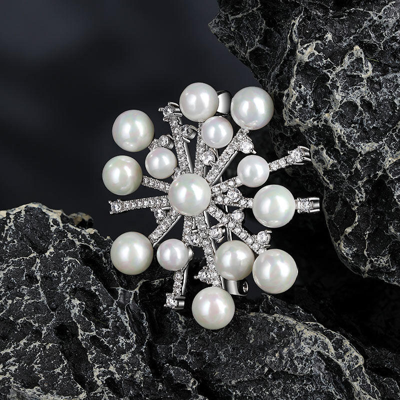 Jeulia Snowflake Design Cultured Pearl Sterling Silver Brooch