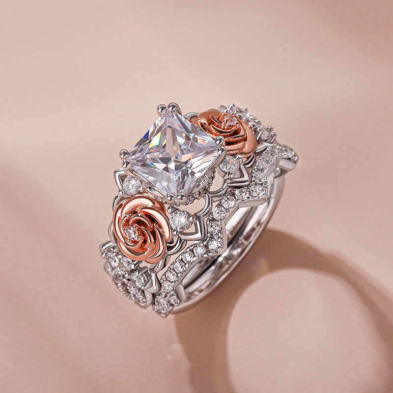 Jeulia "True Love" Rose Princess Cut Sterling Silver Ring Set