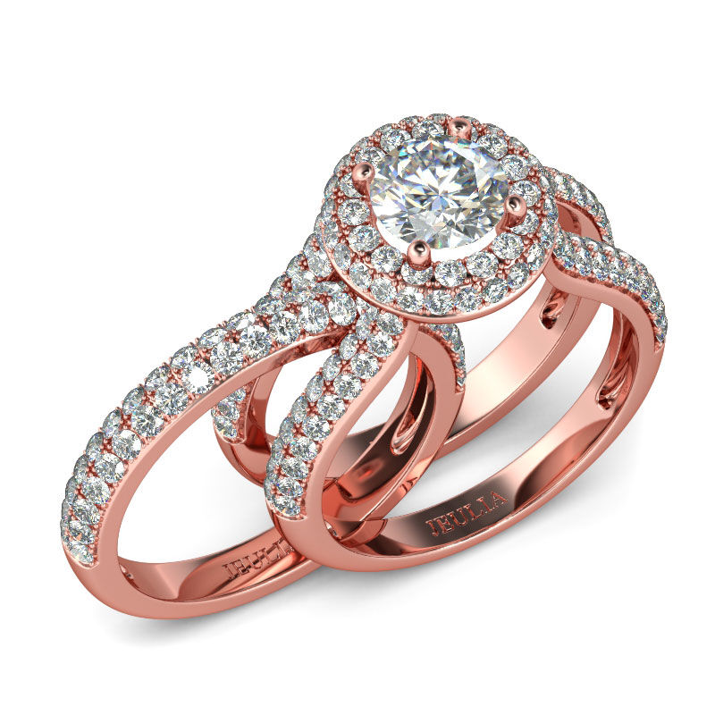 Jeulia Rose Gold Tone Halo Round Cut Sterling Silver Ring Set