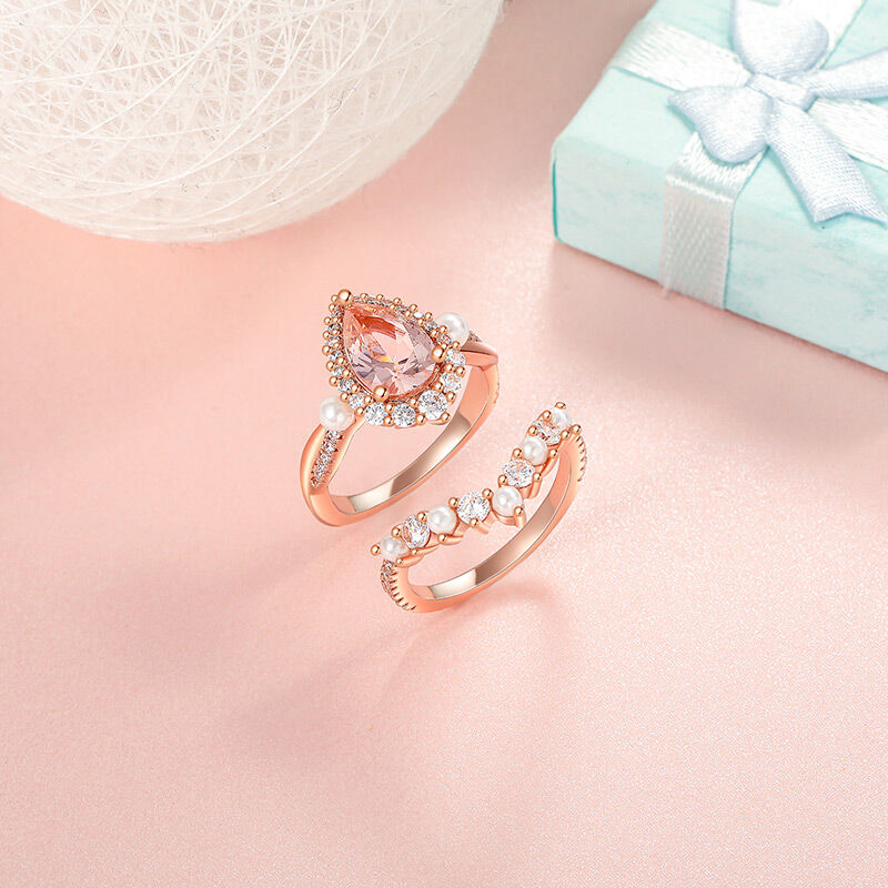 Jeulia Twist Halo Pear Wedding Ring Set Morganite Pearl
