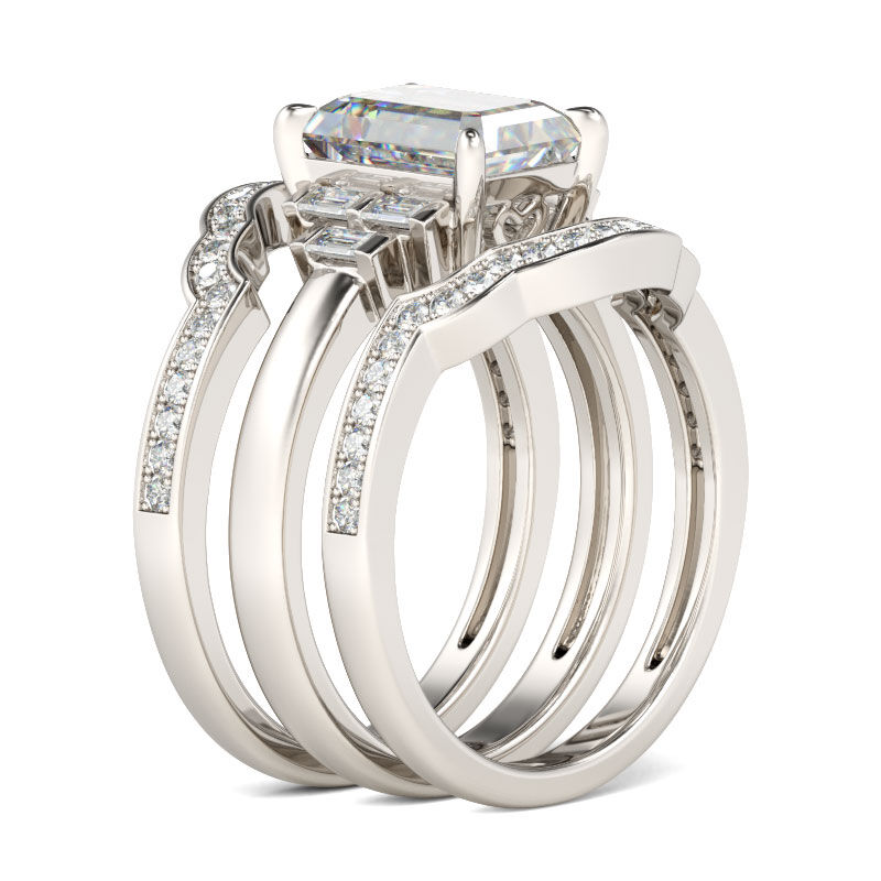Jeulia Terno De Anillos De Talla Esmeralda En Plata De Ley
