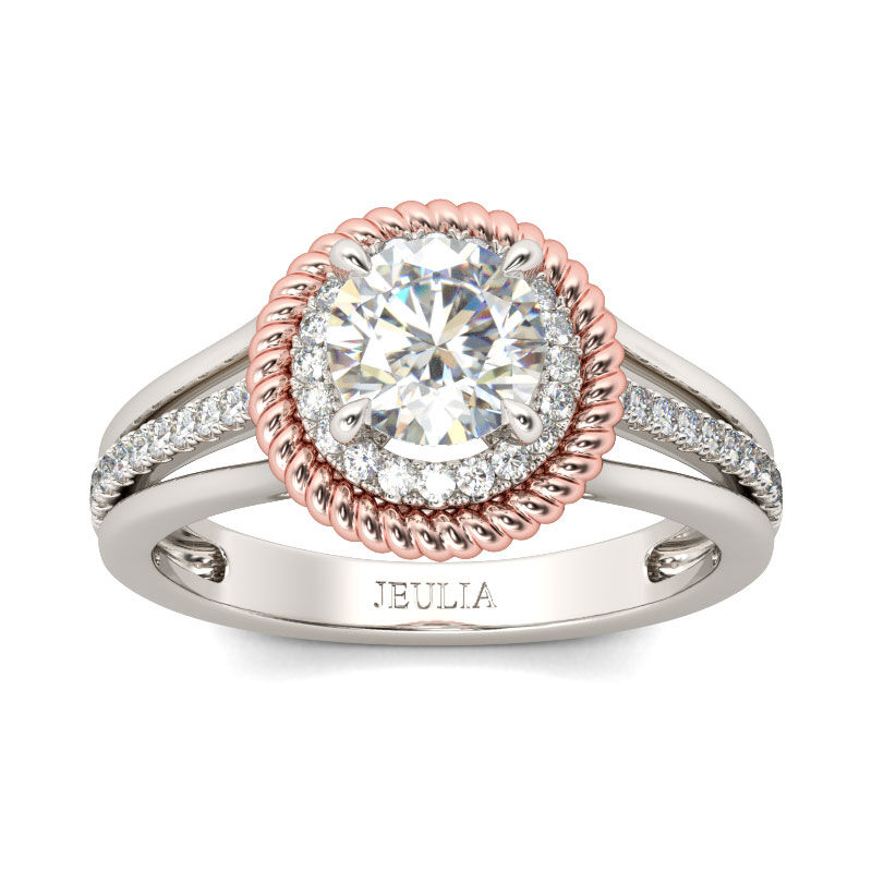 Jeulia Two Tone Halo Split Shank Round Cut Sterling Silver Ring