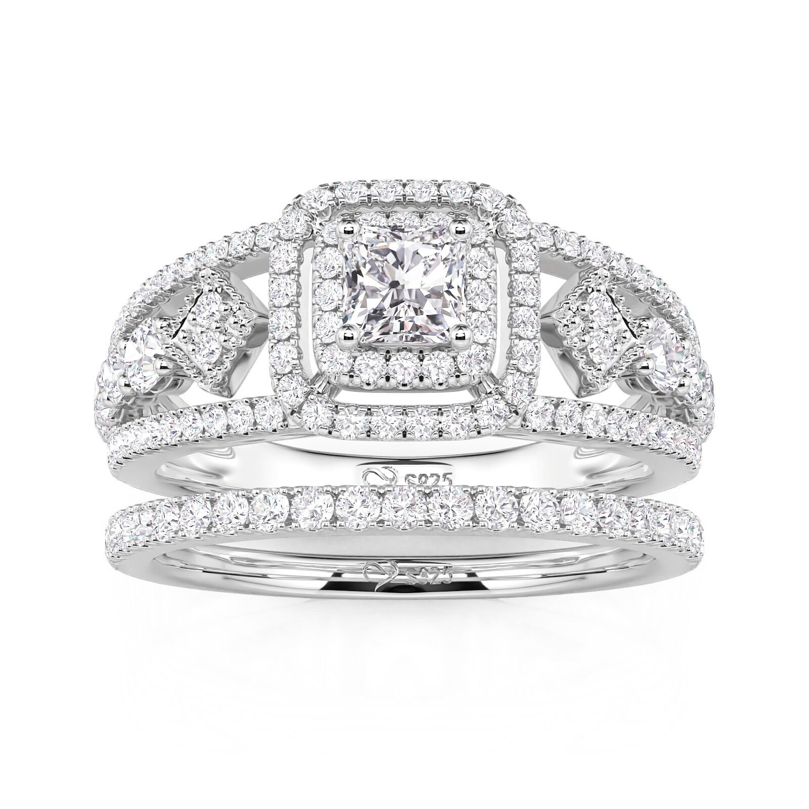 Jeulia Double Halo Princess Cut Engagement Ring Set