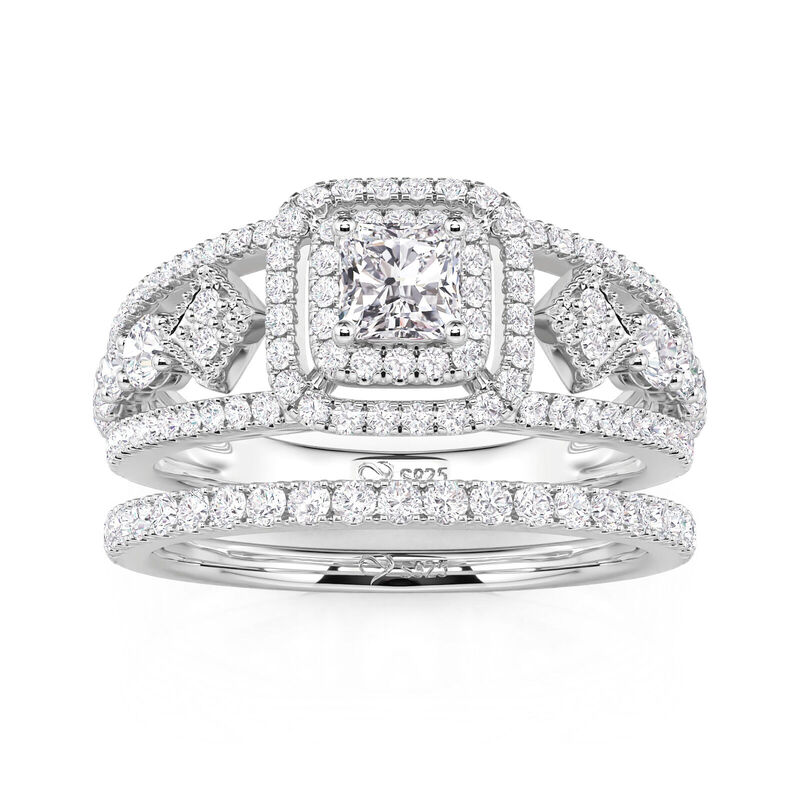 Jeulia Juego de Anillos de Compromiso Corte Princesa con Doble Halo en Plata de Ley
