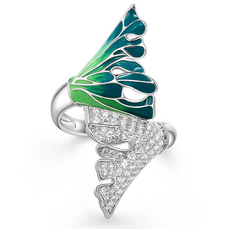 Jeulia "Enduring Beauty" Two Big Leaf Enamel Sterling Silver Ring