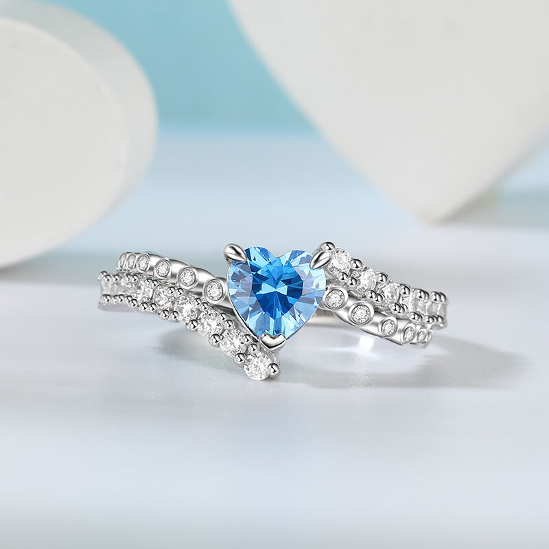 Jeulia Blue Heart Promise Ring Bypass Design Sterling Silver