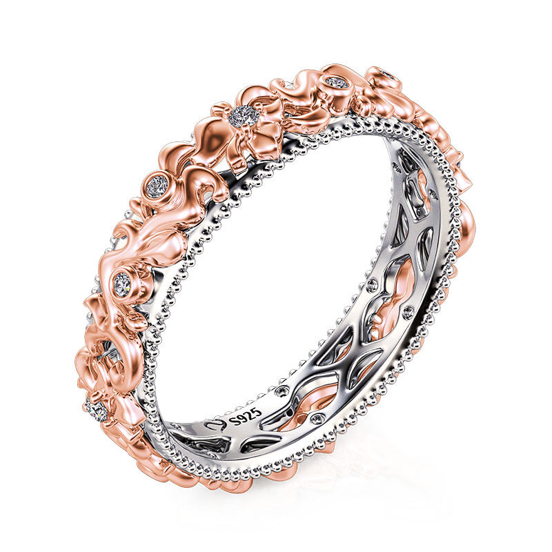 Jeulia Anello da Donna con Incisione Floreale Bicolore in Argento Sterling