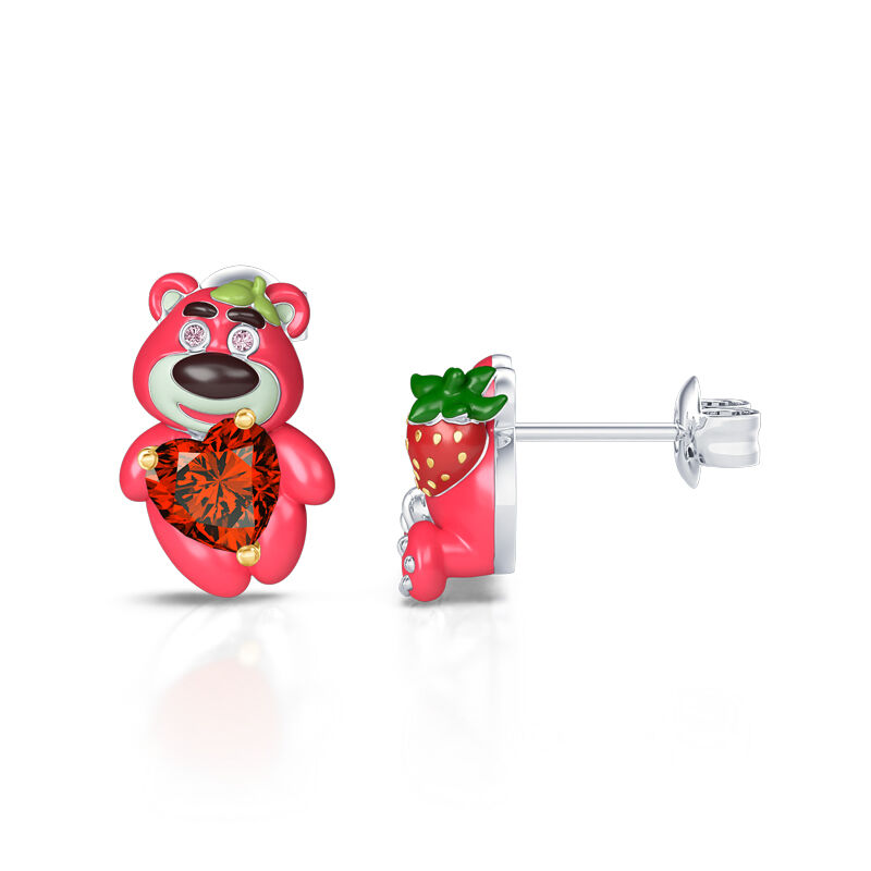 Jeulia Hug Me "Pink Boy"  Bear with Strawberry Sterling Silver Earrings