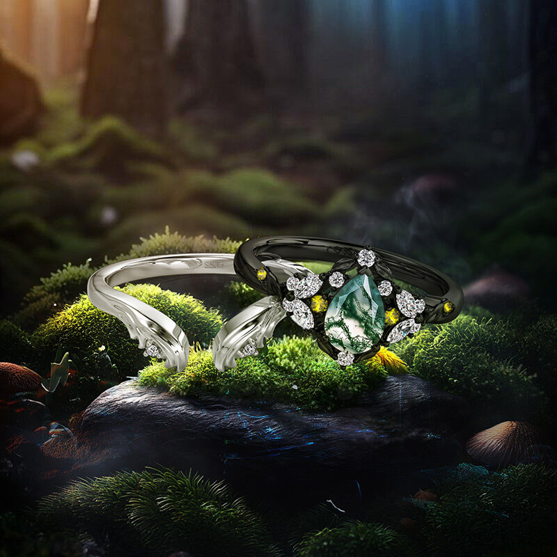 Jeulia Midsummer Night Mystery Forest Moss Agate Ring Set