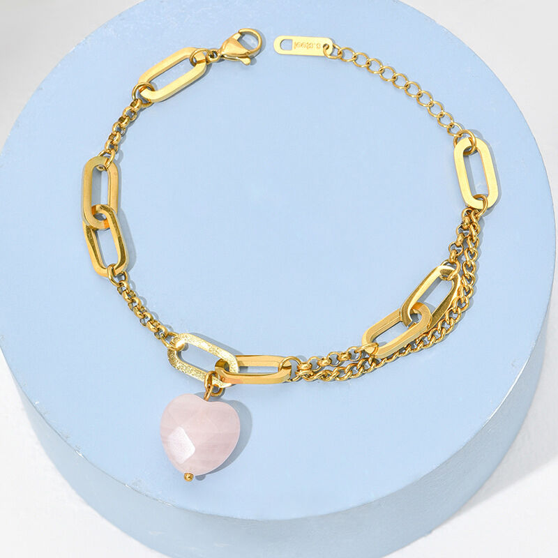 Jeulia "Rituals of Love" Chain Design Heart Shaped Natural Rose Quartz Bracelet