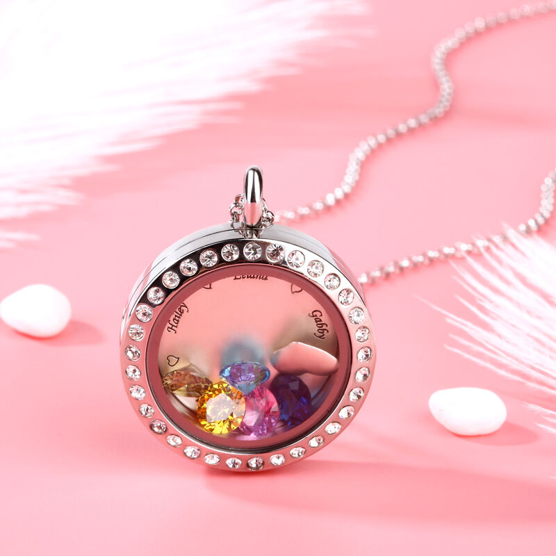 Jeulia Engraved Floating Locket Necklace With Charms And Birthstones Stainless Steel